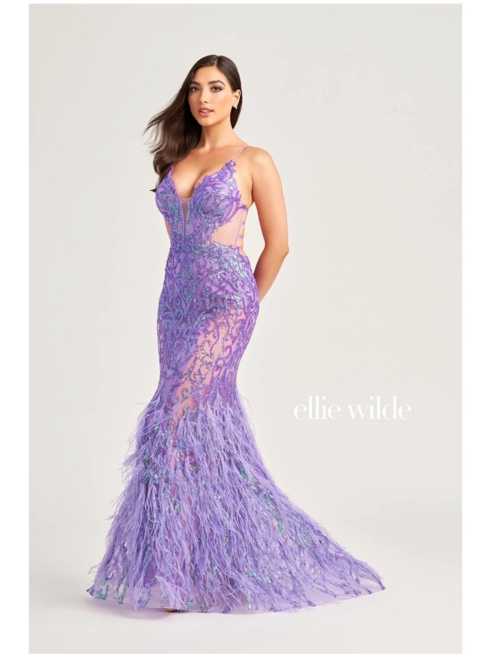 Iris Purple Sequin Tulle Mermaid Prom Dress with V-Neckline & Feather Accents